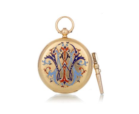 EIGHTEEN CARAT GOLD FOB WATCH LATE 19TH CENTURY the round dial with Roman hour markers, dot outer seconds track, 37mm case wi