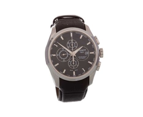 TISSOT STAINLESS STEEL AUTOMATIC WRIST WATCH  the round dial with baton hour markers, 44mm case, on a black leather strap, la