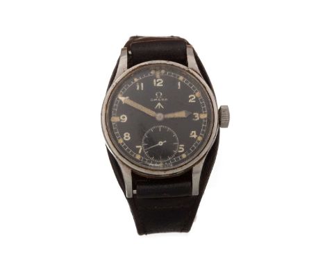 OMEGA STAINLESS STEEL MANUAL WIND 'DIRTY DOZEN' MILITARY WRIST WATCH the round black dial with Arabic hour markers, outer rai