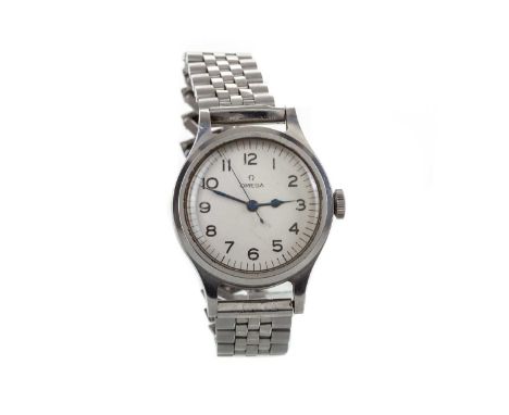 OMEGA RAF MILITARY  STAINLESS STEEL MANUAL WIND 'DIRTY DOZEN' WRIST WATCH dated 1956, the round white dial with Arabic hour m