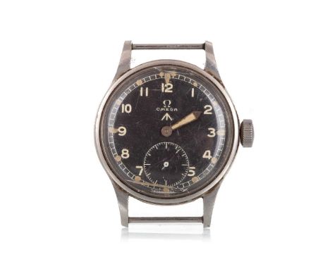 OMEGA STAINLESS STEEL 'DIRTY DOZEN' MILITARY WRIST WATCH the round dial with Arabic hour markers, outer railroad seconds trac