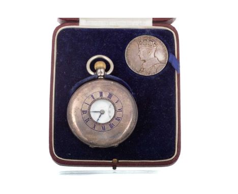 J.W. BENSON GEORGE VI SILVER POCKET WATCH AND COIN PRESENTATION SET the round white dial with Roman hour markers, outer secon