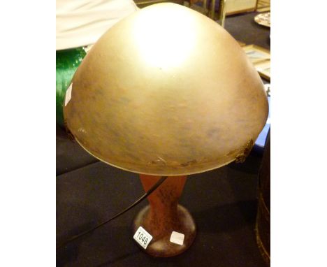 Mushroom Art Nouveau style glass table lamp with glass shade and centre stem H: 38 cm