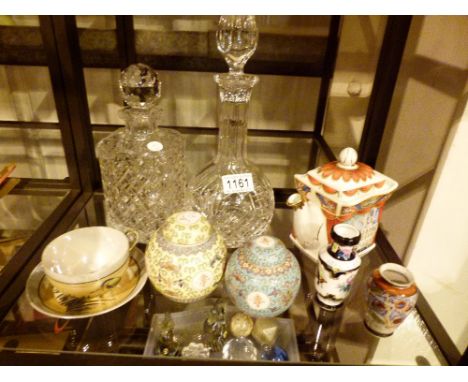 Mixed shelf of china and crystal to include Chinese ginger jars and two crystal decanters