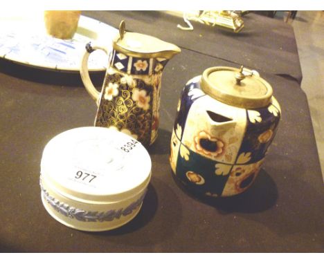 Early Crown Derby Imari teapot and lidded jug and a Wedgwood pot 