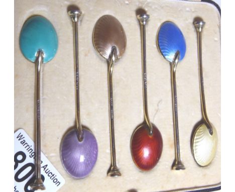 Six silver & enamel coffee spoons in box