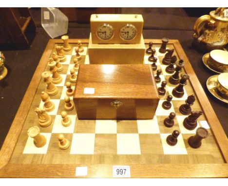 Quality Staunton wooden chess set with inlaid board and alpha chess clock