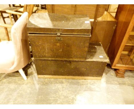 Antique wooden blanket box and a tin travelling trunk