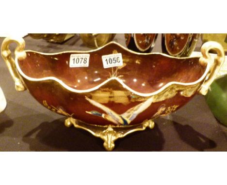 Twin handled Carlton Ware Rouge Royale Mallards fruit bowl, D: 33 cm