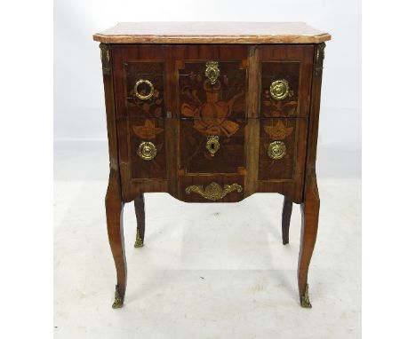 A 19th century commode chest, having two deep drawers flanked by reeded columns, below a pink marble top with marquetry inlay