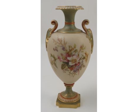 A Royal Worcester pedestal vase, the ivory body decorated with floral sprays, to peach and green neck, handles and foot, shap