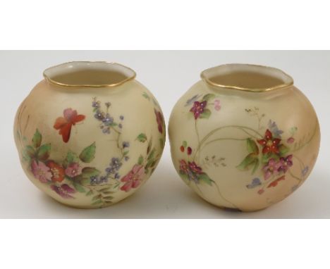 A pair of Royal Worcester wrythen moulded blush ivory vases, printed painted with flowers, dated 1910, shape number G161, hei