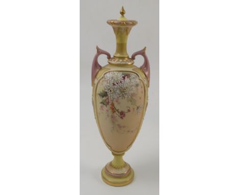 A Royal Worcester vase, the body with blush ivory panels decorated with flowers, with yellow neck panels and pedestal foot, t