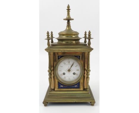 A 19th century brass and enamel mantel clock, the striking movement with stamp for Vincenti of Paris 1855, the circular white