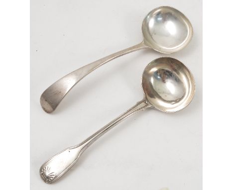 A Georgian silver fiddle, thread and shell pattern ladle, London 1809, weight 2oz, together with another silver ladle, Sheffi