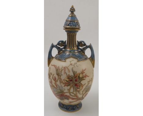 A Royal Worcester covered vase, decorated with flowers and leaves, with blue and gilt covered neck and foot, shape number 120