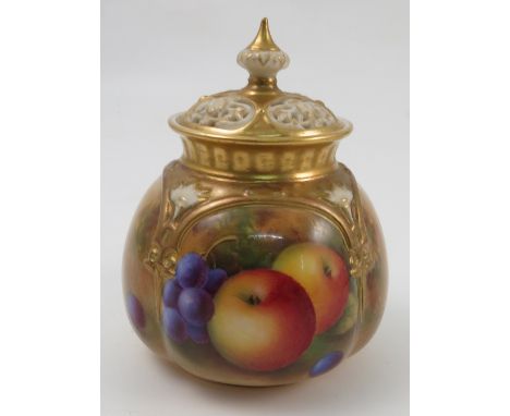 A Royal Worcester covered pot pourri, the quarter lobed body decorated with fruit to a mossy background by A Shuck, dated 193
