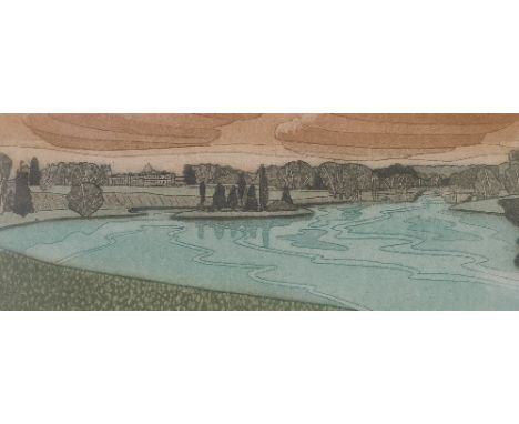 After John Brunsdon, limited edition colour print, Blenheim Palace from Queens Pool, signed in pencil, 5.5ins x 12.25ins
