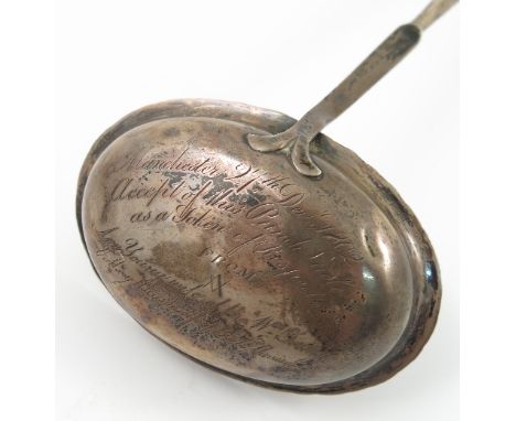 A Masonic white metal and whale bone twisted handle ladle, inscribed to outside of the bowl 'Manchester 27th December 1802 Ac