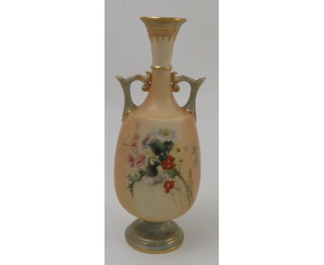 A Royal Worcester blush ivory vase, with green neck, handles and pedestal foot, decorated with thistles and flowers, dated 18