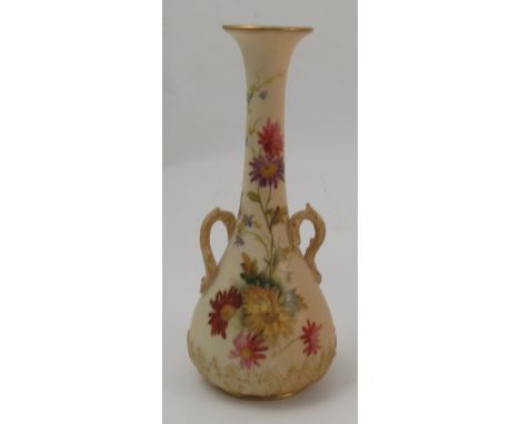 A Royal Worcester blush ivory vase, with moulded handles and leaf decoration, decorated with floral sprays, dated 1899, shape