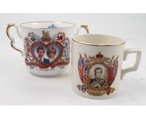 A collection of commemorative cups and mugs etc  Condition report: one mug damaged to handle, gilding rubbed to other pieces