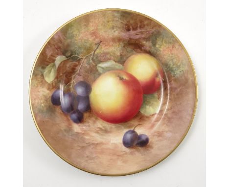 A Royal Worcester cabinet side plate, hand painted with fruit to a mossy background by H Ayrton, diameter 6ins Condition repo
