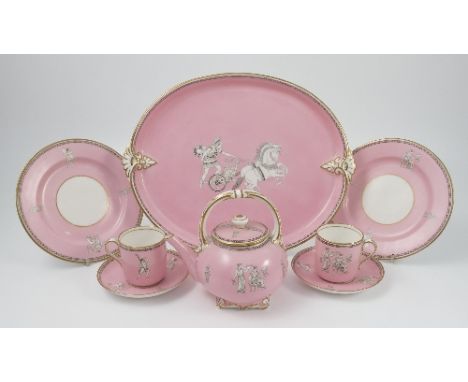 A Graingers Worcester part tea service, printed with classical figures to a pink ground, comprising six side plates, eight sa