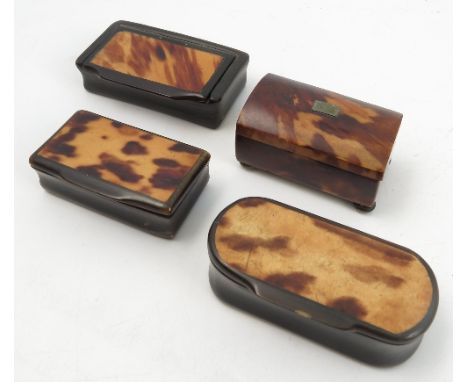 Three part tortoiseshell snuff boxes, together with a tortoiseshell miniature caddy