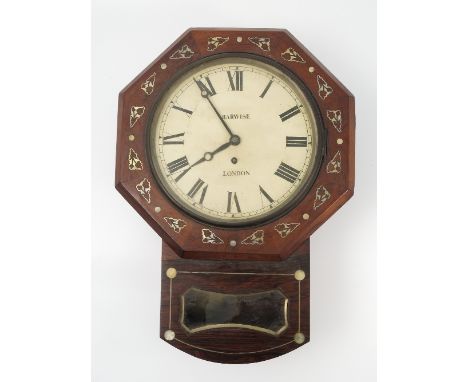 A 19th century Barwise London drop dial wall clock, the fusee movement with white enamel dial, single winding hole and Roman 