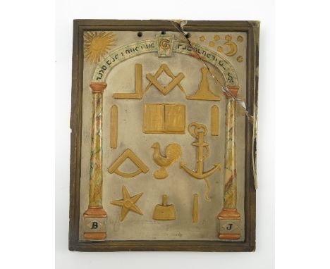 A plaster tracing board, with the two pillars below an arch, with various Masonic tools and ciphers, 13ins x 10.5ins 