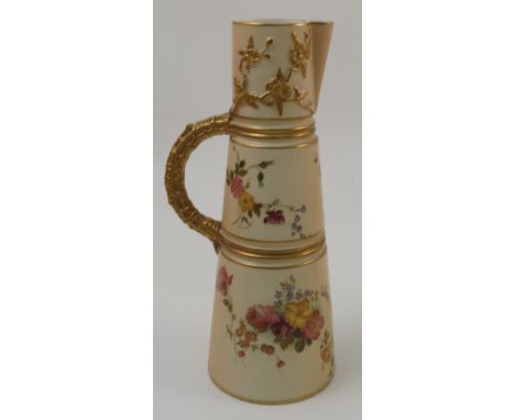 A Royal Worcester claret jug, with moulded handle, decorated with flowers, dated 1902, height 10.25ins Condition report: good