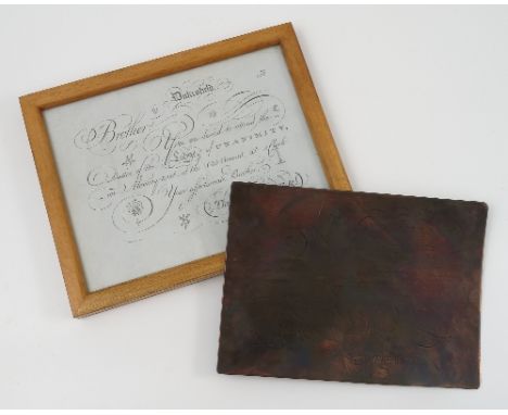 An 18th century engraved copper plate, for the summons for the Unanimity Lodge, 6ins x 8.5ins, together with a print of the s