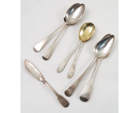 A pair of Georgian silver serving spoons, engraved with an initial, London 1833, together with a pair of serving spoons with 