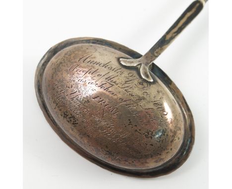 A Masonic white metal and whale bone twisted handle ladle, inscribed to outside of the bowl 'Manchester 27th December 1802 Ac