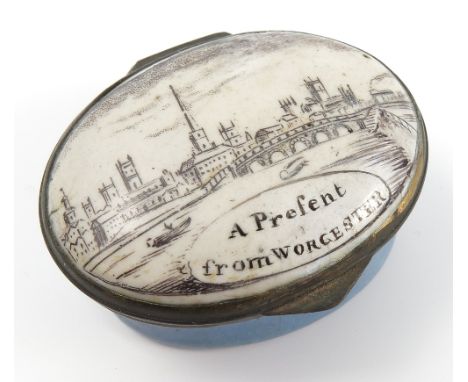 An early 19th century Bilston enamel patch box, of oval form, the hinged lid decorated with a view of Worcester and titled A 
