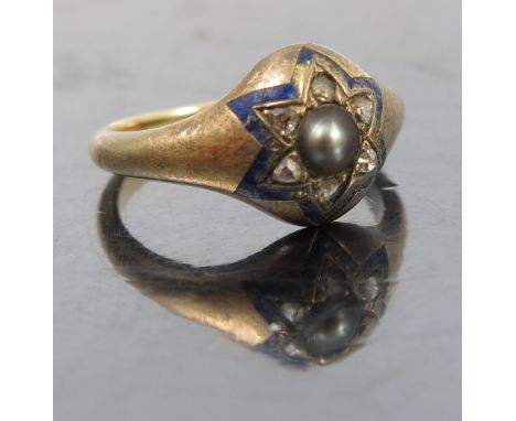 A Victorian split grey pearl and rose diamond ring, the stones set within a blue enamel star motif, finger size N, cased 