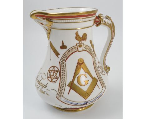 A larger 19th century Masonic jug, bearing various Masonic ciphers and tools, inscribed James Fernihough Dukenfield 1856, to 