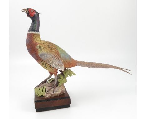 A Royal Worcester model, Ringneck Pheasant Cock, modelled by Ronald Van Ruyckevelt, standing on a rocky base with ferns, with