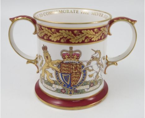 A Spode limited edition two handled loving mug, commemorating the Silver Jubilee of Queen Elizabeth II, height 6.25ins, toget