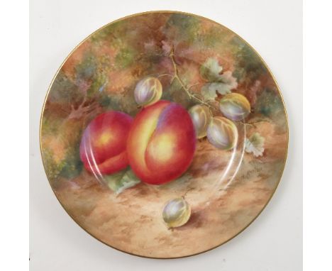 A Royal Worcester cabinet side plate, hand painted with fruit to a mossy background by H Ayrton, diameter 6ins Condition repo