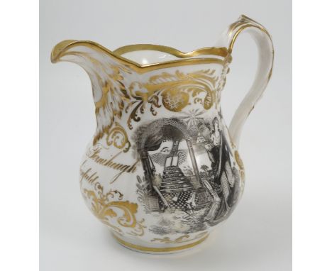 A Masonic jug, inscribed James Fernihough Dukenfield Cheshire with a Masonic transfer print and another to the reverse, in un
