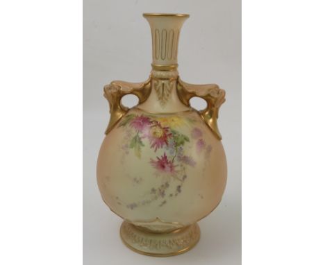 A Royal Worcester blush ivory vase, with dolphin moulded handles and floral decoration, dated 1894, shape number 1626, height