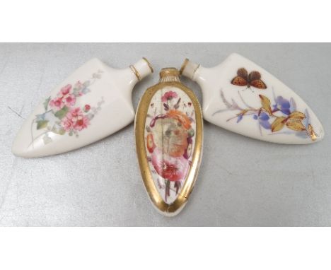 A Royal Worcester porcelain scent bottle, of flat triangular form, decorated with flowers, having a gilt stopper, dated 1893,