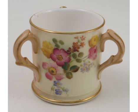 A Royal Worcester blush ivory three handled tyg, decorated with flowers, dated 1904, height 2.25ins Condition report: good co