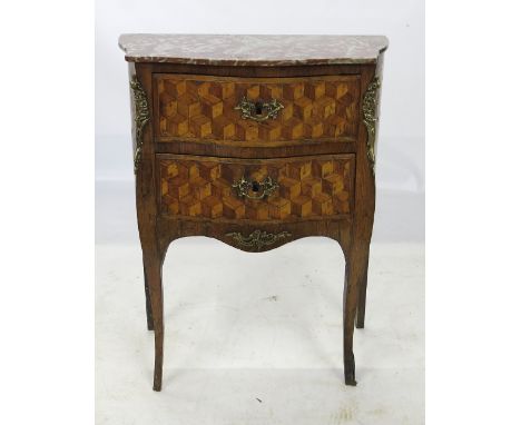 A Continental commode, of serpentine bombe outline, with brown variegated marble top, with parquetry inlay to the drawers fro