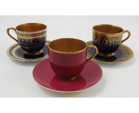 Nine various Royal Worcester cabinet cups and saucers, mainly with gilt decoration to a coloured ground, some with retailers 