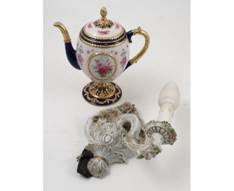 A Franklyn Mint House of Faberge imperial teapot, decorated with floral sprays, height 9ins, together with a Continental porc