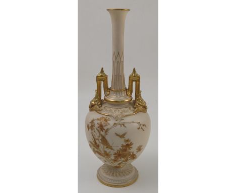 A Royal Worcester ivory vase, decorated with gilt flowers and insects to gilt dolphin handles, dated 1892, shape number 1406,