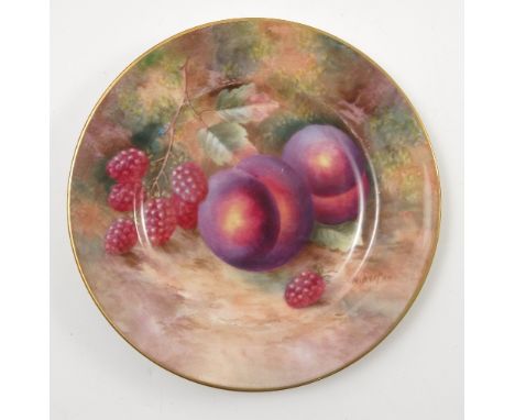 A Royal Worcester cabinet side plate, hand painted with fruit to a mossy background by H Ayrton, diameter 6ins Condition repo